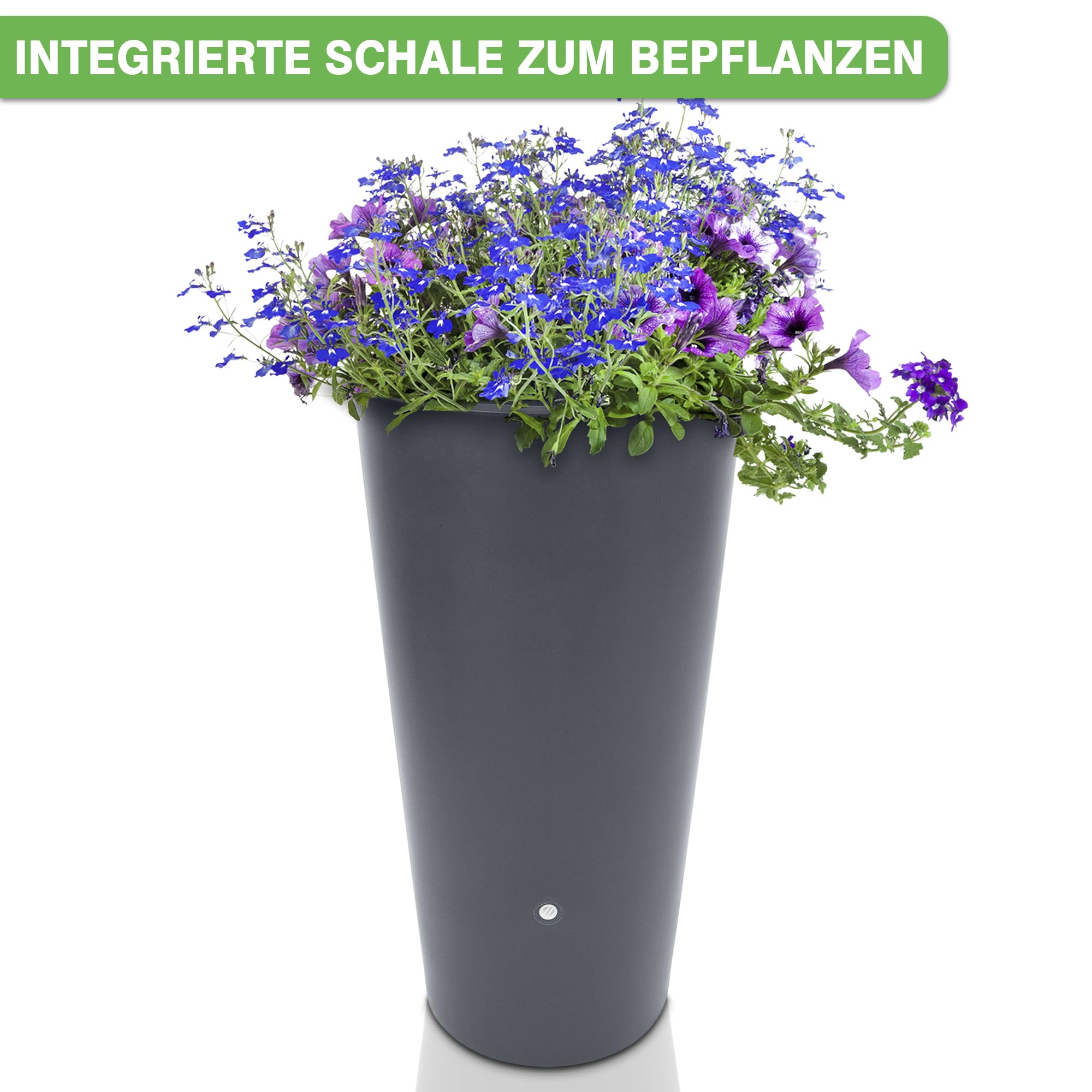 YourCasa Barril de lluvia de 150 litros [Aqua Flower] con rosca de metal y macetero, barril de lluvia de plástico, resistente a las heladas, depósito de agua de lluvia, depósito de agua de lluvia,