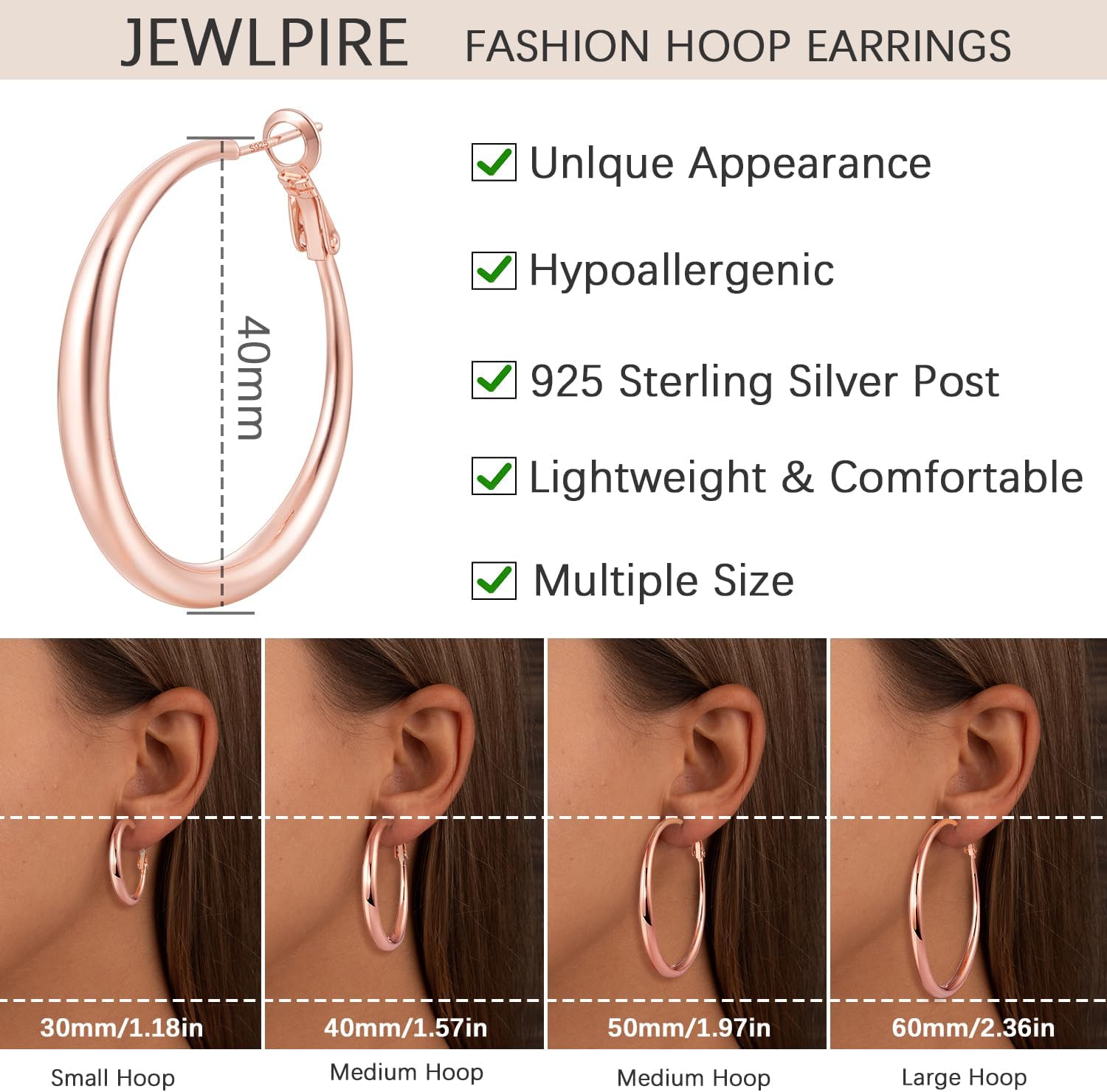 Jewlpire 14K Gold Plated Hoop Earrings with 925 Stering Silver Post, Lightweight Hoop Earrings for Women 30mm/40mm/50mm/60mm - Image 3