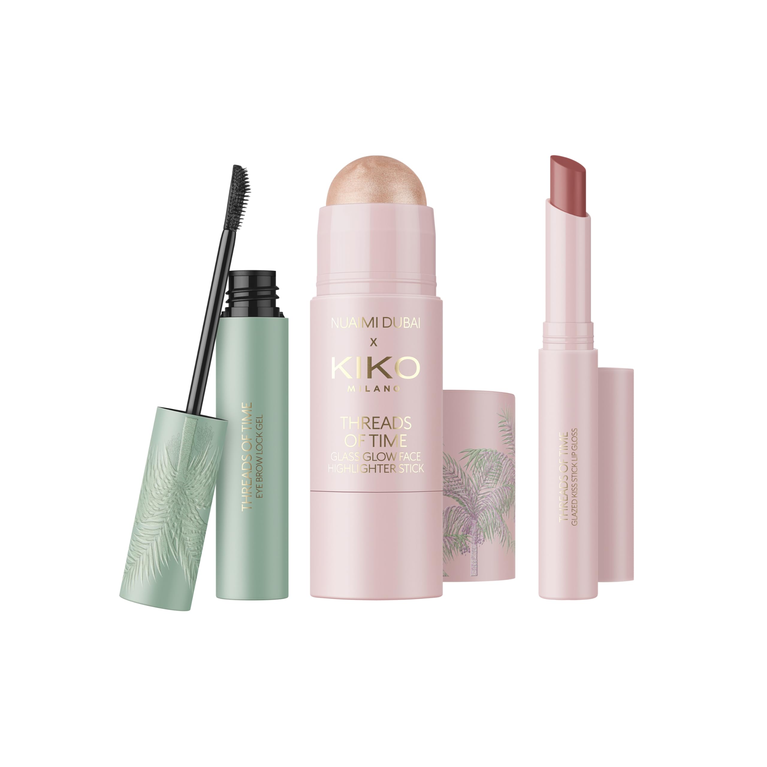 KIKO Milano Threads Of Time Glass Glow Icons Make Up Kit, Kit De Maquillaje De Regalo: Iluminador En Stick, Cera Para Cejas Y Brillo En Stick