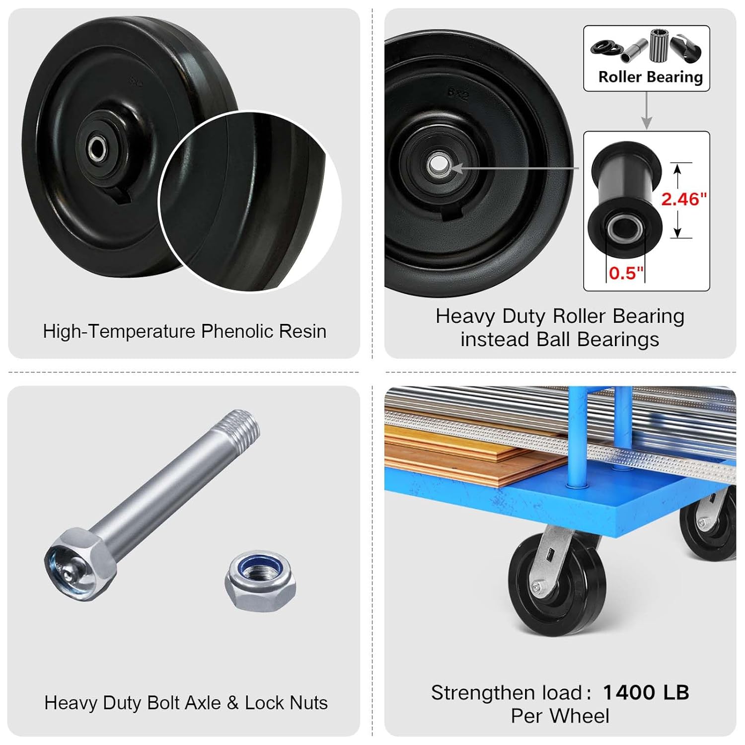 8" x 2" Industrial Casters, Phenolic Wheels-High Temperature Resistance: -50f to +250f, Roller Bearing-1/2 Bore, Set of 4 Caster Heavy Duty Caster with 5600 lbs Capacity(4 Pack)