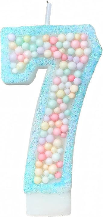 Pastel Blue Number 7 Birthday Candle - Macaron Foam Ball Cake Candle for 7th Birthday - Sweet Fairy Glitter Cake Topper Party Supplies for Boys Girls, Baby Shower & Anniversary