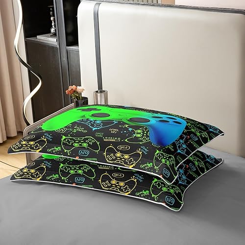 Miniatura 5 de Manfei Juego de ropa de cama 3D con estampado de consola de videojuegos azul y verde, juego de funda de edredón para niños, juego de funda de