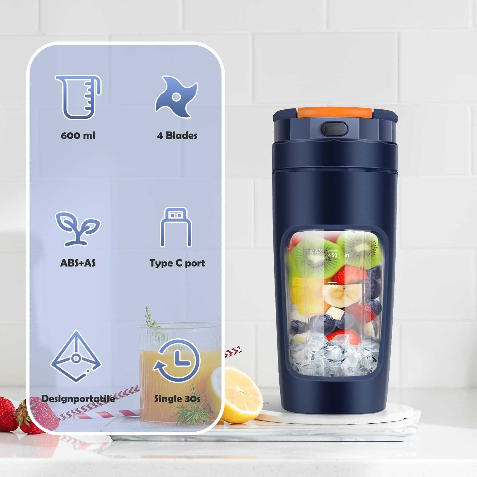 Lekki Przenośny Blender, ręczny mikser do owoców o pojemności 600 ml, mocny bezprzewodowy mini blender, z możliwością ładowania, smoothie, koktajle białkowe, kruszy lód i mrożone owoce (Niebieski)