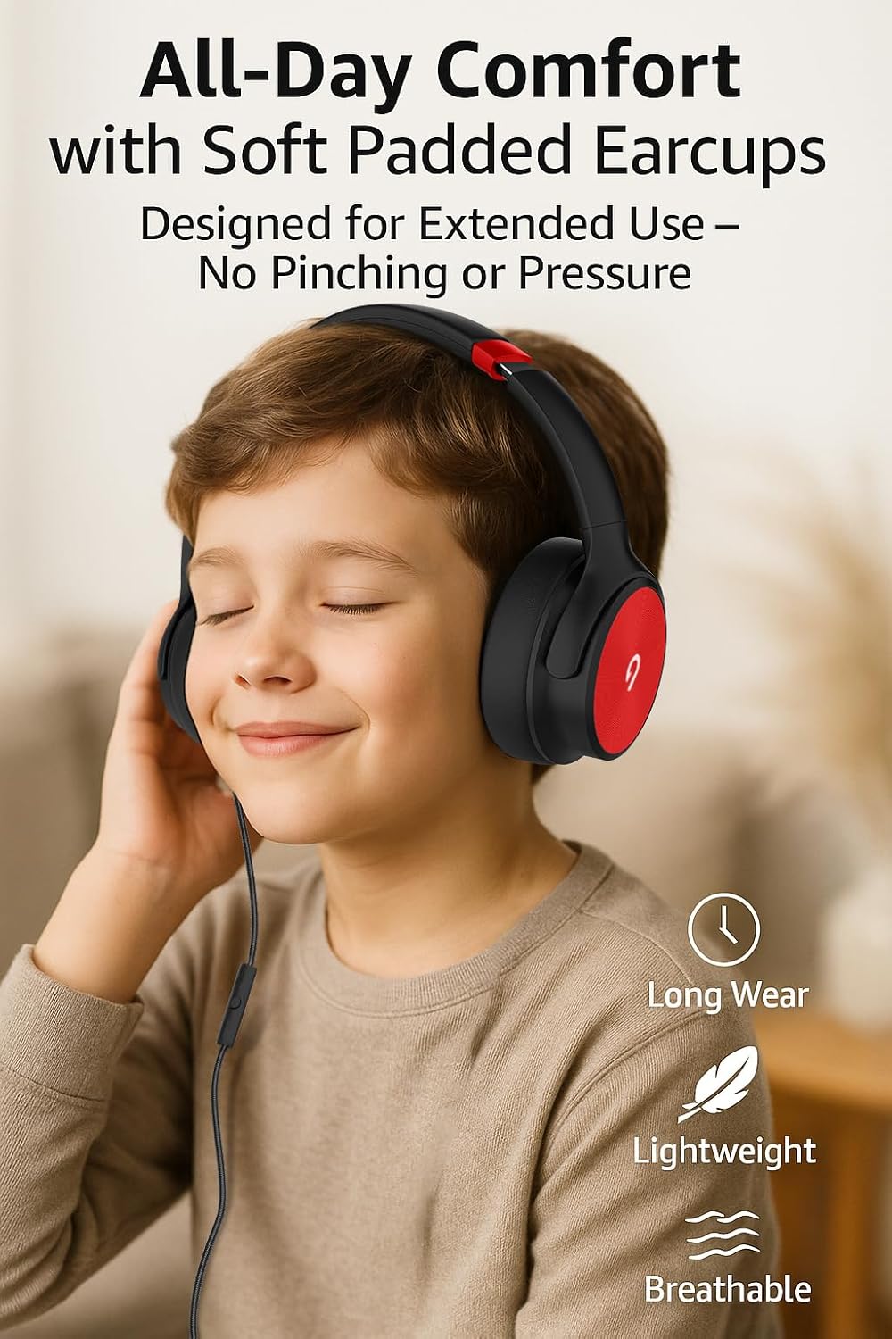 USB C Wired Over-Ear Headphones with Mic, Hi-Fi Stereo Sound, Noise-Isolating Ear Cups, Comfortable Fit for iPhone15/16, Samsung Galaxy S24/S23, Type-C Phones & Tablets (Black&Red) - Image 4