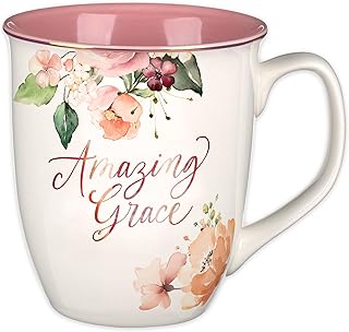 Christian Art Gifts Large Ceramic Inspirational Women's Coffee & Tea Mug: Amazing Grace Encouraging Hymn, Cute Sturdy Rose Gold Novelty Cup, Non-toxic Easy-hold Drinkware, White & Pink Floral, 14 oz.