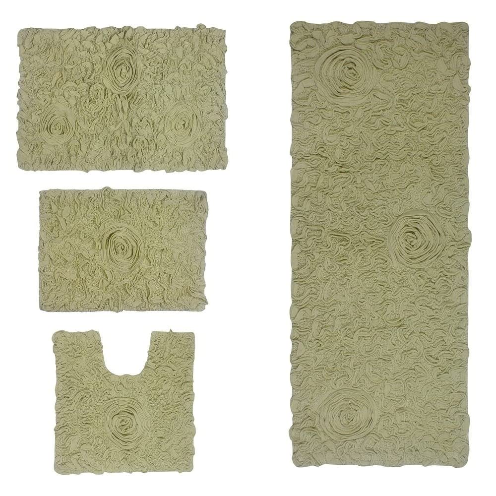 Functional Durable Olive Green Cotton Bathroom Rugs Sets 4 Piece with Pretty Floral Tufted Pattern On Solid Background