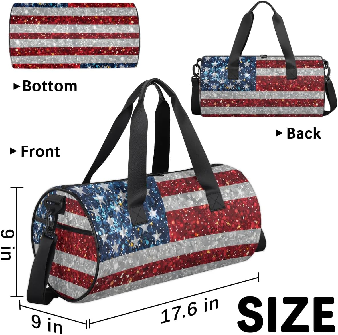Travel Duffel Bag Glitter American Flag Sports Gym Bag for Womens Mens, Waterproof Weekend Overnight Bags Lightweight Carry on Bags for Airplanes Yoga Dance Beach Swim Hospital Holdalls,A-2239