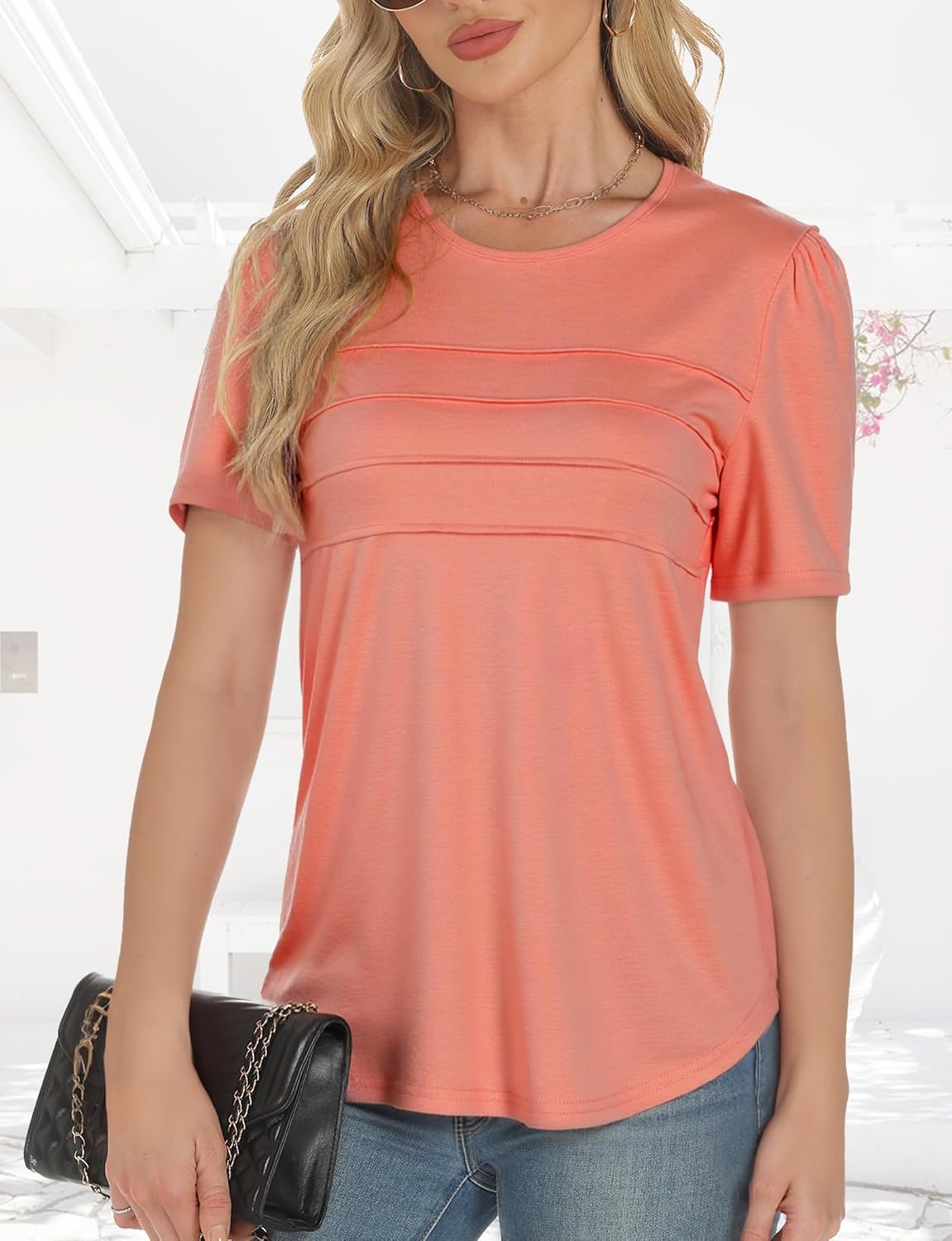 Short Sleeve Shirts for Women, Trendy Spring Summer Tops, Dressy Casual Blouses, Flowy Pleated Scoop Neck Work Outfits - Image 6