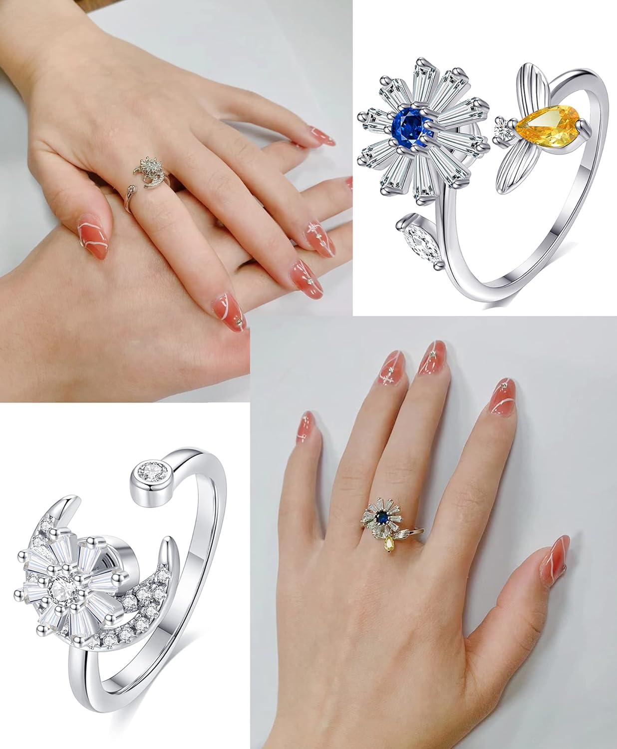 Tornito 5-6Pcs Fidget Anxiety Spinner Ring Adjustable Open Ring Cubic Zirconia Sunflower Windmill Butterfly Moon Bead Stress Relief Stackable Rings for Women Silver Gold Tone - Image 3