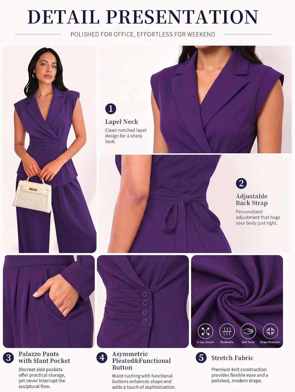 Women's 2 Piece Blazer Set,Sleeveless Vest,and Palazzo Pants with Pocket