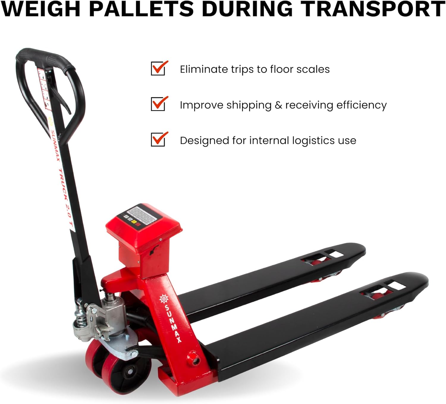 Pallet jack weighing a pallet during transport
