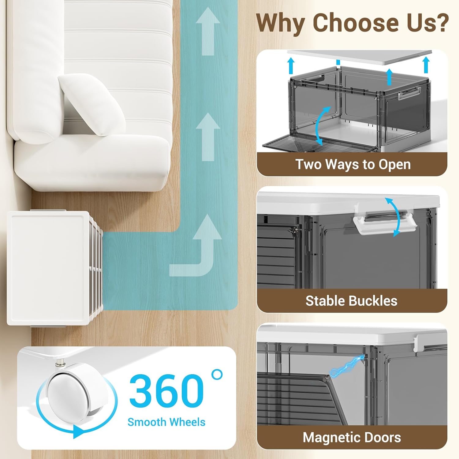 Storage Bins with Lids,4 Tier Stackable Storage Bins with Drawers,4 Pack Collapsible Plastic Boxes with Wheel-1 Lid,23QT Foldable Containers for Closet Living Room Bedroom Office(Grey)