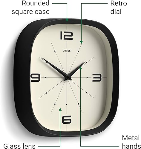 Miniatura 6 de JONES CLOCKS Pulsar - Reloj de pared  Reloj cuadrado redondo retro  10 pulgadas  Negro  Aspecto de diseñador genial para cocina, sala de estar u