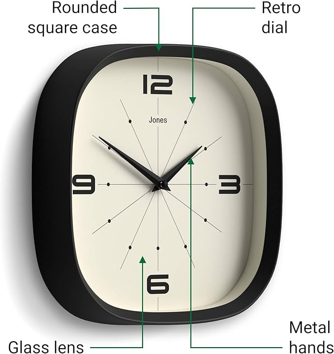 Reloj de Pared JONES CLOCKS Pulsar Cuadrado Retro Negro 25.4 cm miniatura 6