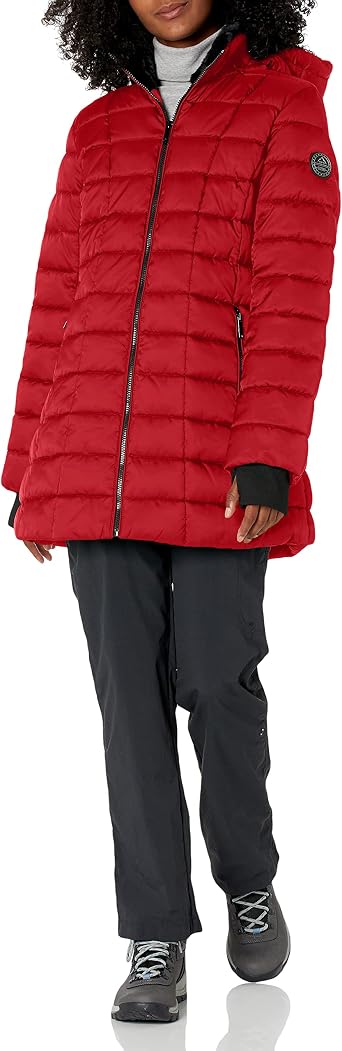 HFX Womens 3/4 Midweight Puffer Jacket Zipper Front Power Stretch Knit Cuffs Thumbholes Faux Fur Collar Water Resistant 31" Coat