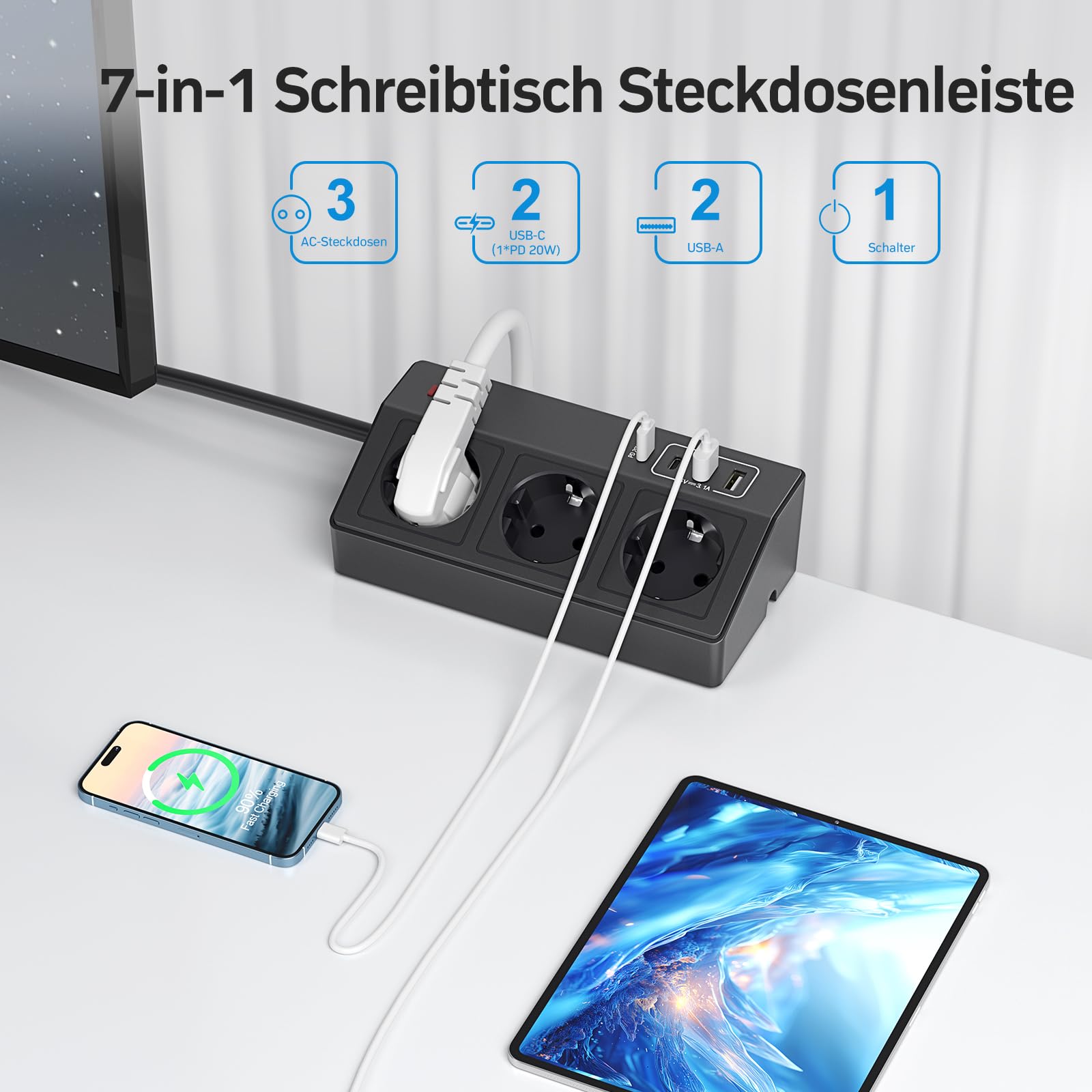 Ciabatta elettrica con USB C, PD20W, STGAROT da tavolo, 3 prese, multipresa da scrivania con 4 USB, 4000 W/16 A, protezione da sovratensione, presa con interruttore, cavo da 5 m, presa da tavolo per