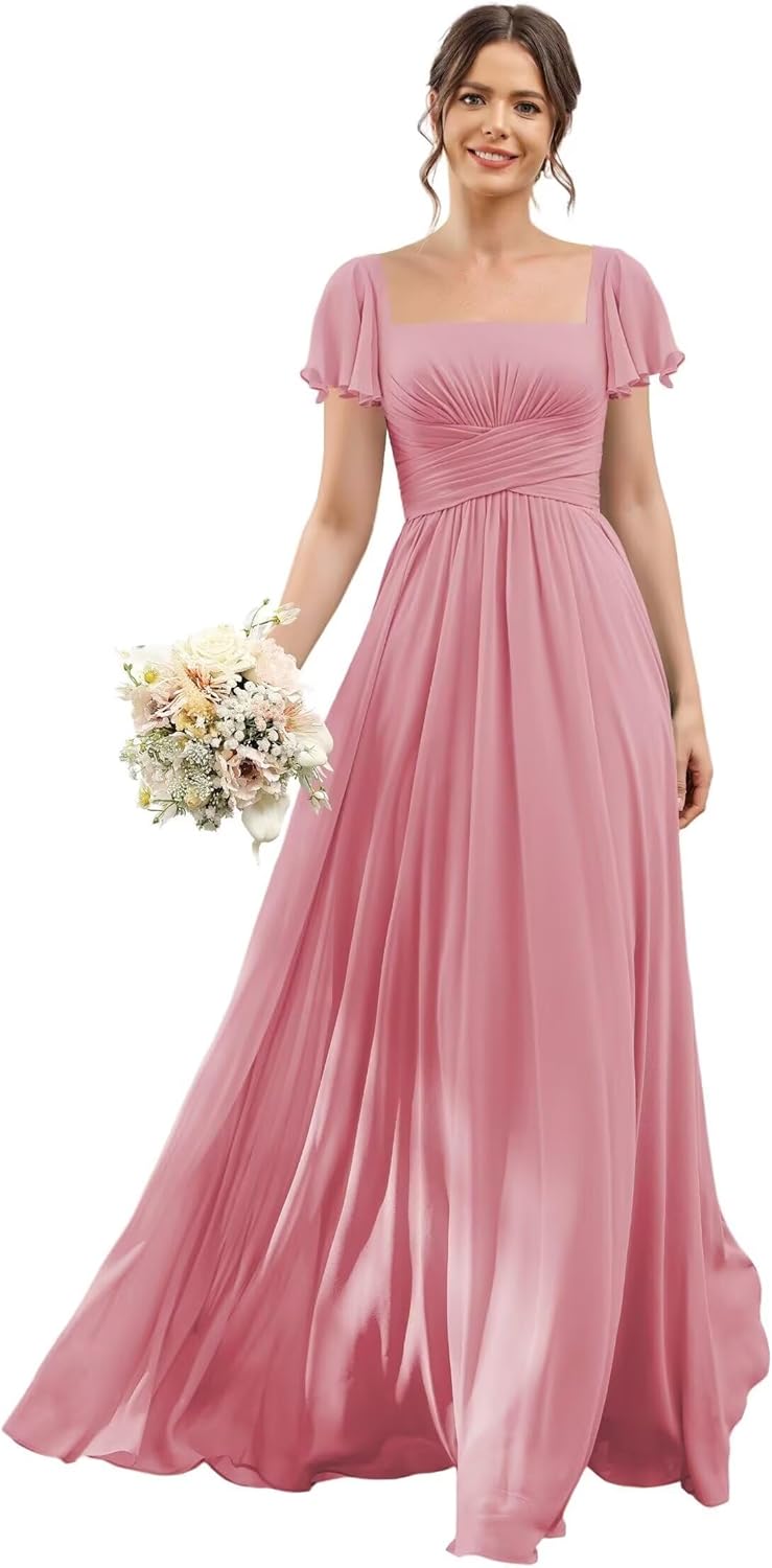 Monlity Square Neck Bridesmaid Dresses with Pockets Long Ruffle Sleeves Pleated A Line Chiffon Formal Evening Dress