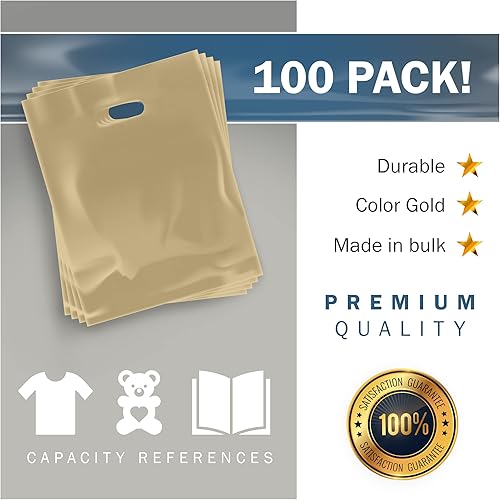 Miniatura 6 de Gold Merchandise - Bolsas de plástico para compras, paquete de 100 unidades de 12 x 18 pulgadas con 2 mil de grosor, asas troqueladas, perfectas