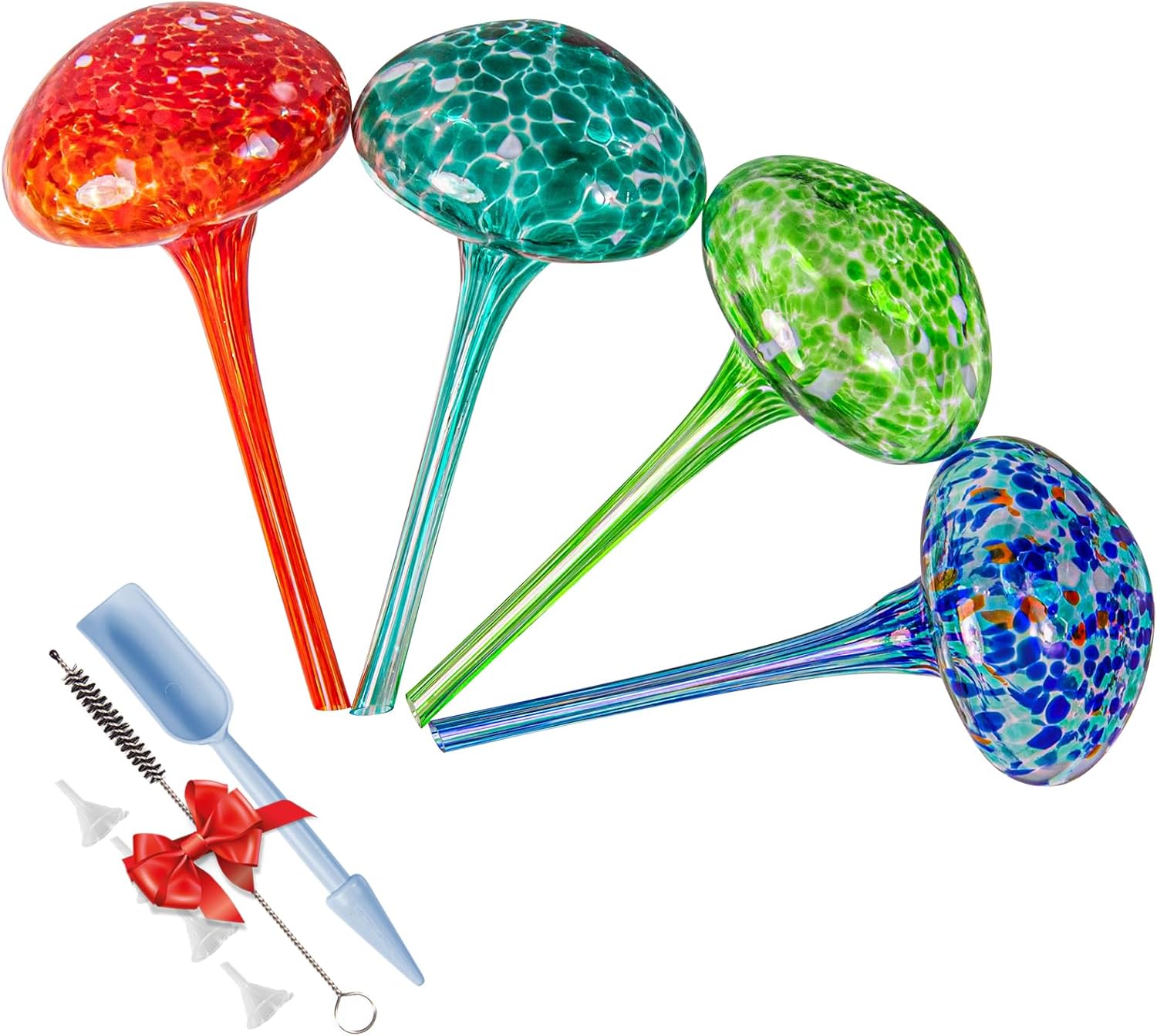 Plant Watering Globes 8"L x 3.5"D, 4Pcs Large Self Watering Planter Insert Glass Plant Watering Devices for Indoor Outdoor Plants, Mushroom Automatic Plant Waterer Watering Spikes Bulbs+Funnel &Shovel