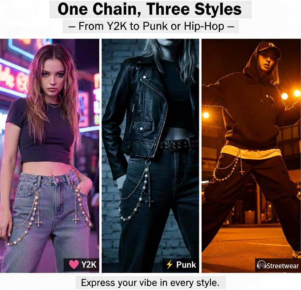 Y2K Pearl Pants Chain Streetwear Jewelry- Unisex Layered Wallet Chain with Heart Cross Pendant, Punk Aesthetic Jeans Keychain Accessory for Men Women
