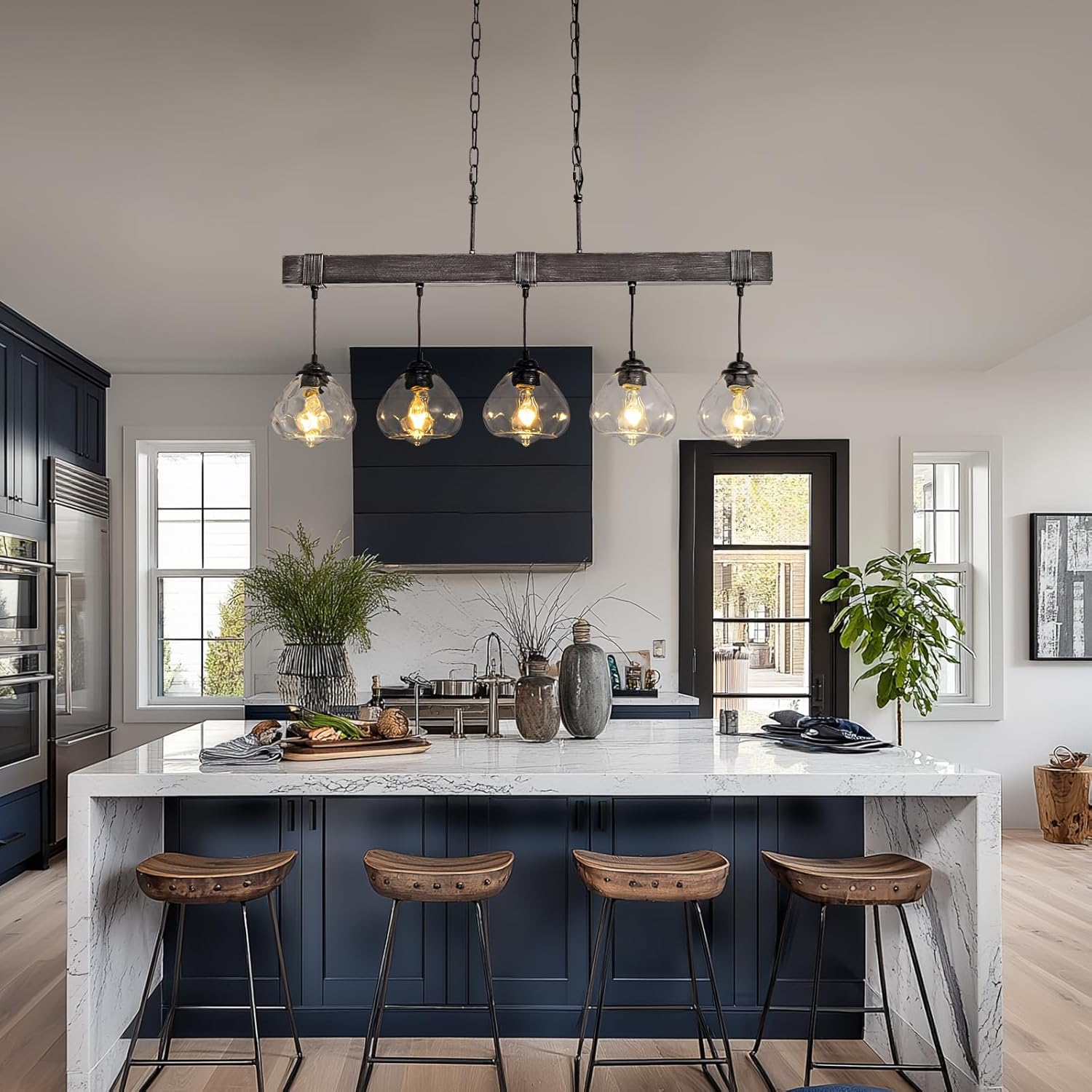 Linear Chandelier for Dining Room, Modern 5-Light Kitchen Island Lighting,Black Farmhouse Linear Chandelier with Glass Shades, L39IN+W5.5IN+H7.9IN