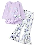 Little Girl Clothes 2-8Years Girls Outfit,Long Sleeve Ruffle Top+Bow ,Flower Flared Pants 2Pcs Fall winter Set