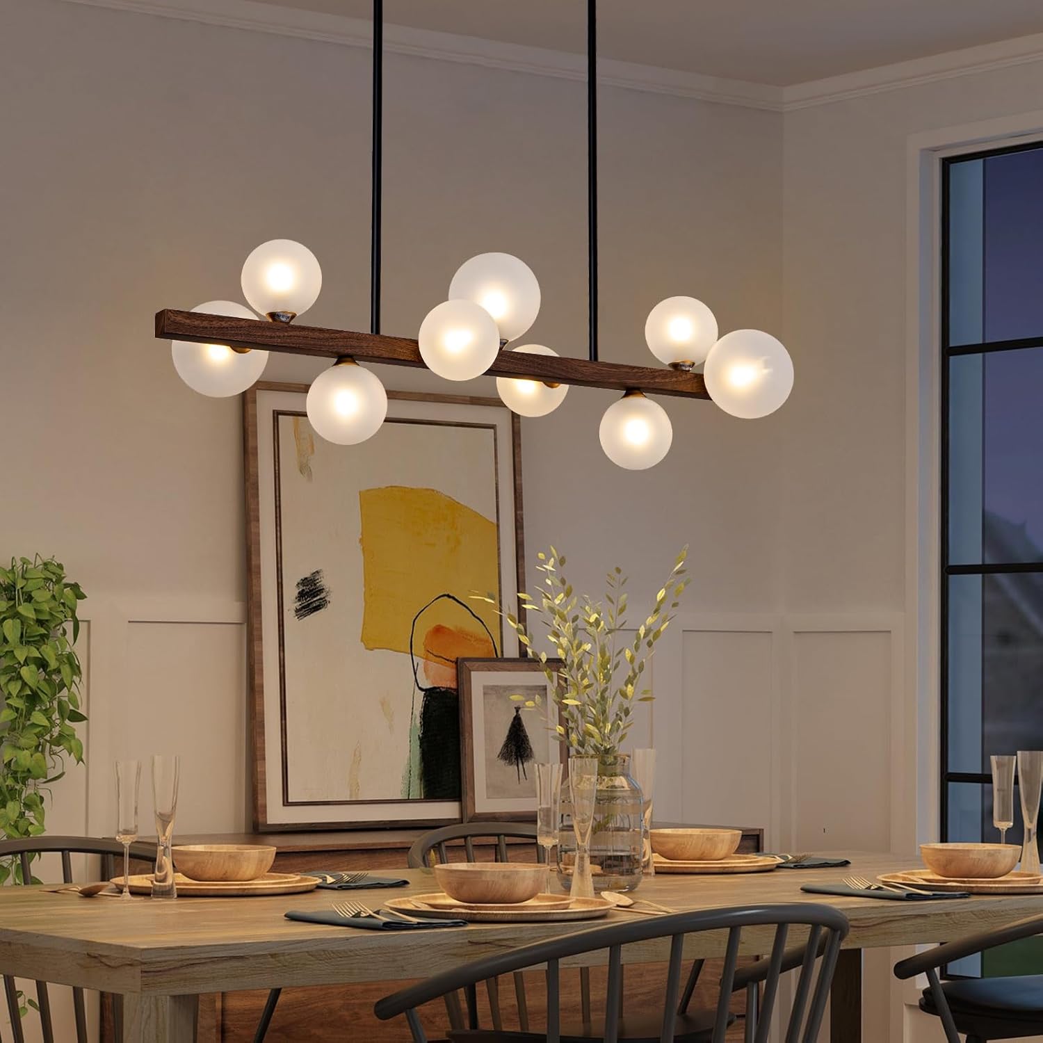 Modern Chandeliers for Dinning Room - Black 9 Light Wood Grain Mid Century Modern Chandelier, Sputnik Farmhouse Ceiling Light Over Table, Adjustable Linear Bubble Kitchen Pendant Light