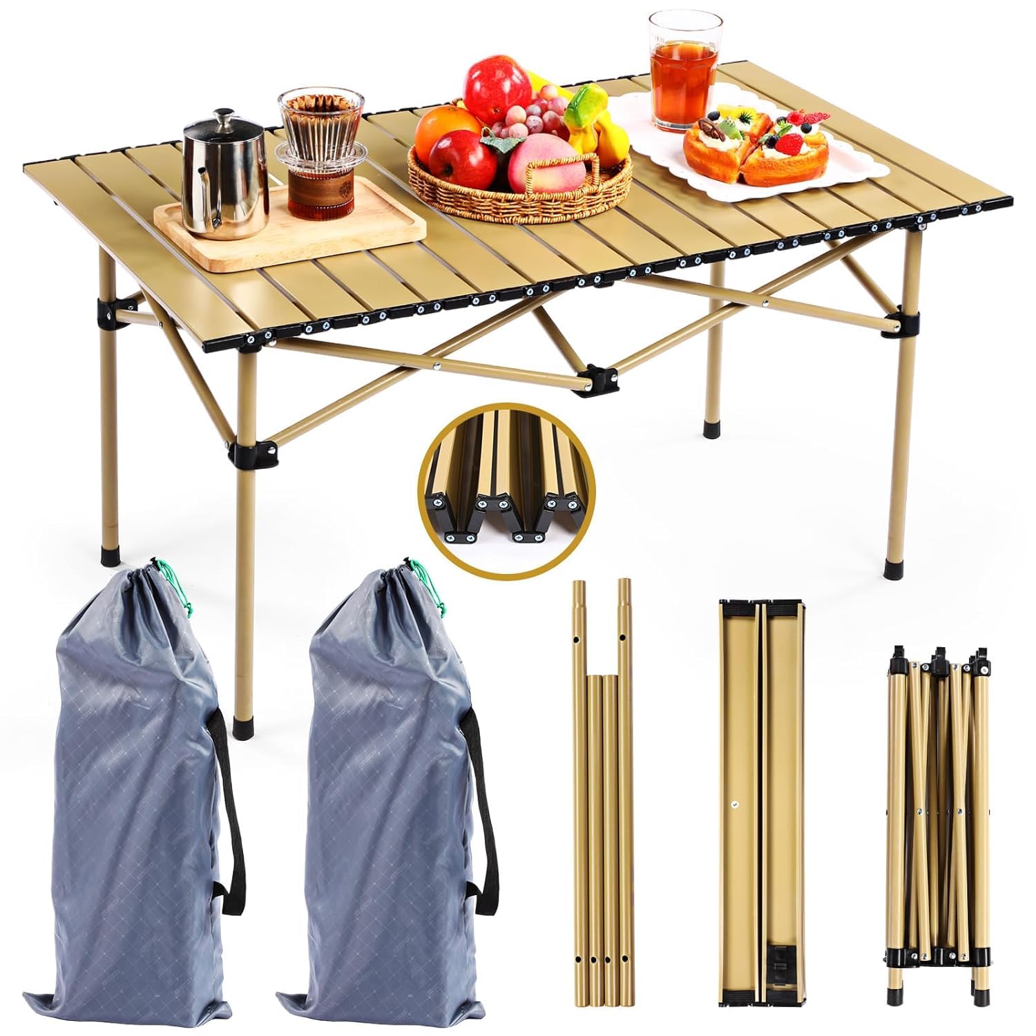 Folding Camping Table Aluminum Portable Roll up Picnic Table Ultralight Collapsible Beach Table Camp with Carrying Bag for Outdoor, Beach, Picnic, Backyards, BBQ and Party