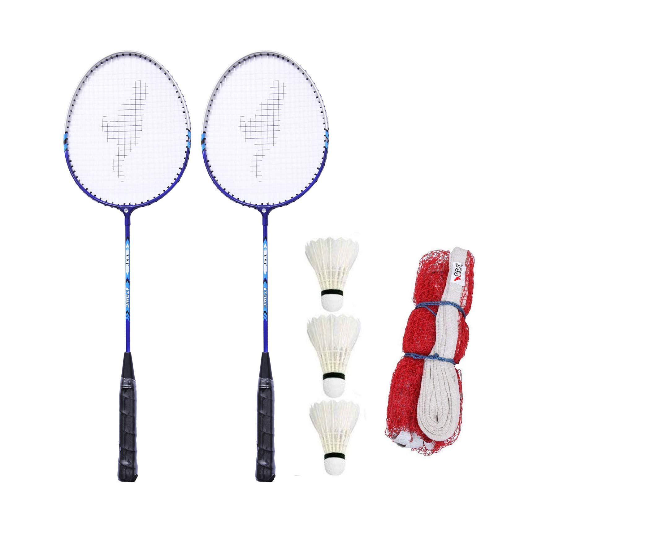 GRS ® GRQ09 Aluminium Badminton-Racket, Set of 2 and 3 Pieces of Shuttle Cock and Badminton Net,Aluminum, Black