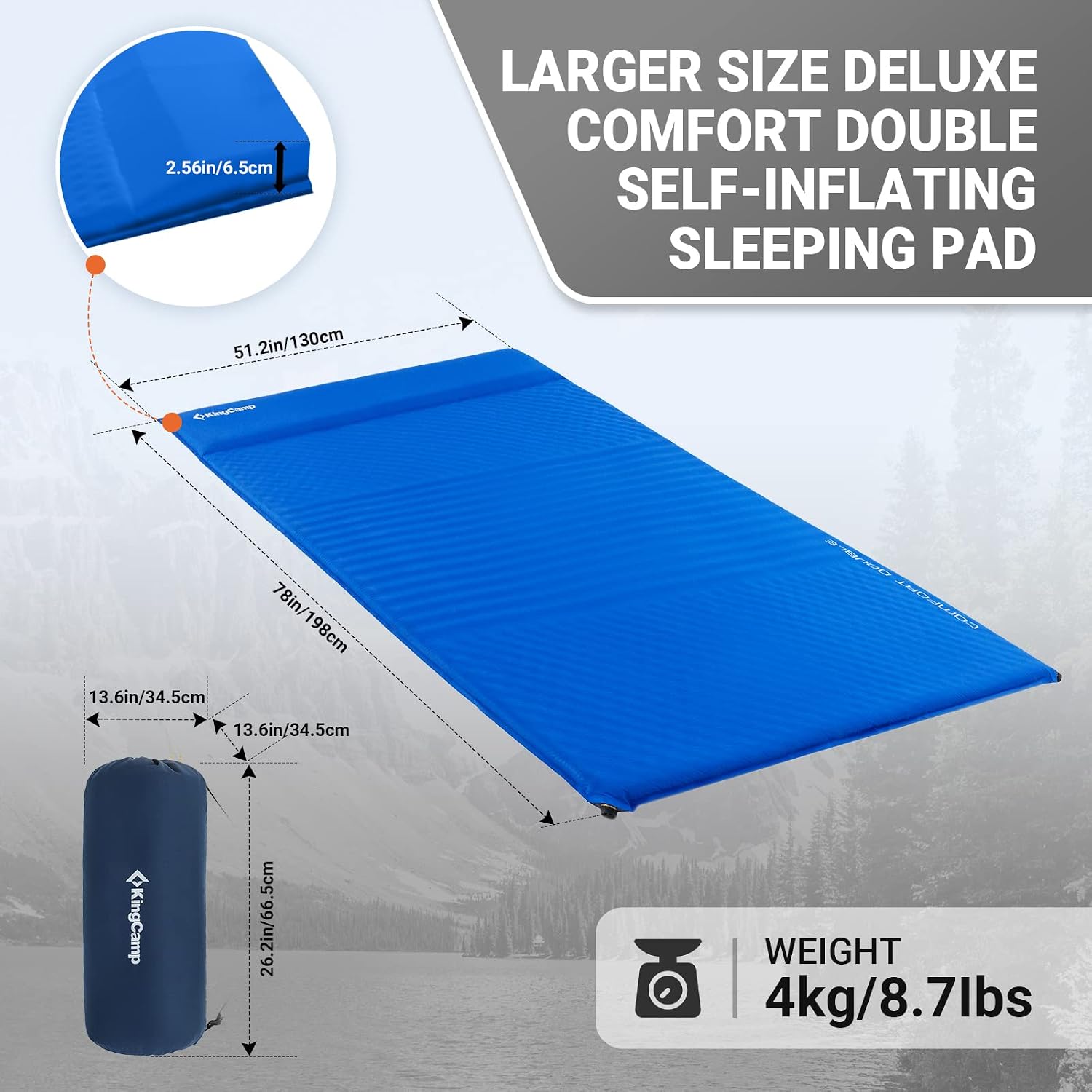 KingCamp Sleeping Pad for Camping Self Inflating Foam Air Mattress for 2 Person,6.1R Value Queen Size Camping Mat 78" x 51.2"x1.6", Blue