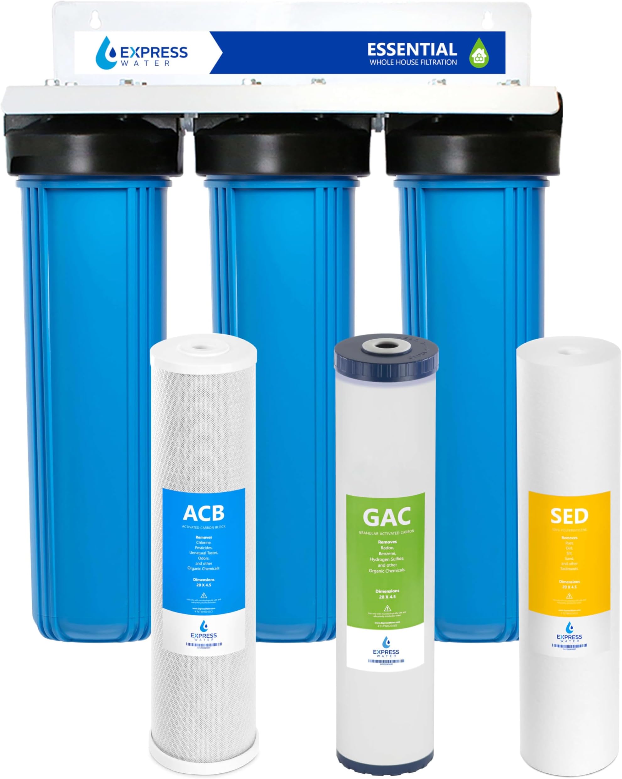 Whole House Water Filter System| ESSENTIAL | 3 Stage Water Purifier Whole Home, Top-Tier GAC, ACB Filters Produce Overachieving H2O, Significantly Reduces Chlorine & Sulfur Smell/Taste, Healtheir Skin