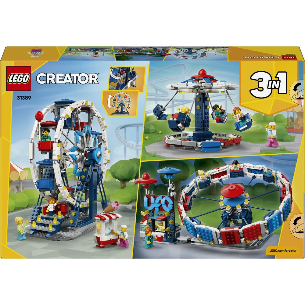 LEGO Creator 3 w 1 Kultowy diabelski młyn, zabawka konstrukcyjna dla dziecka, diabelski młyn, przejażdżka z UFO lub karuzela, pomysł na prezent urodzinowy dla chłopca lub dziewczynki od 8 lat 31389