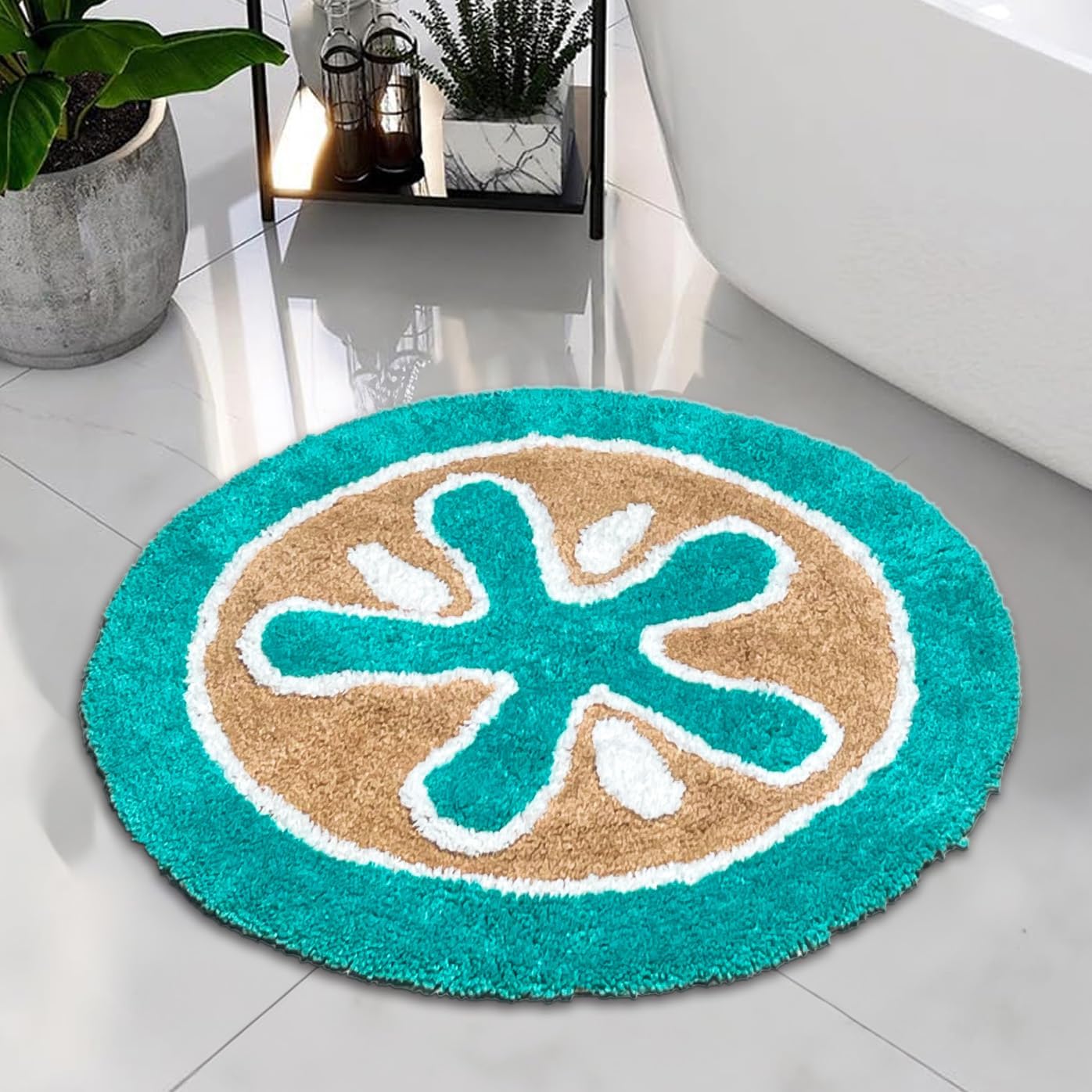 Chardin home Starfish Soft Microfiber Round Bath mat, Plush Water Absorbent Accent Rug for Bathroom Vanity, Bathtub/Shower Mat, Size: 27'' Round, Machine Washable, Dark Turquoise and Mocha Beige.