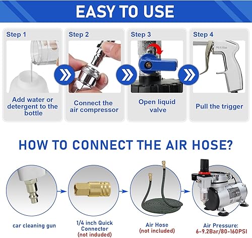 Miniatura 3 de Pistola de limpieza de coche con botella de espuma, 2 boquillas de juego, pistola de aire de alta presión, kit de limpieza interior del automóvil,