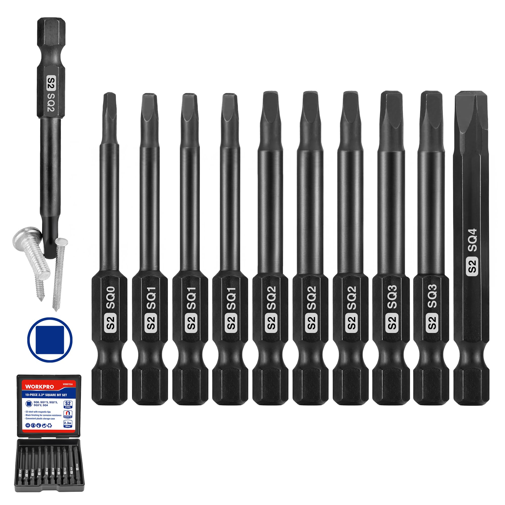 WORKPRO 10pcs Square Bit Set, CNC Machined S2 Steel Magnetic Screwdriver Bits Set, 1/4 Inch Hex Shank Driver Bits, 2.3 Inch Long Screwdriver Bits Set