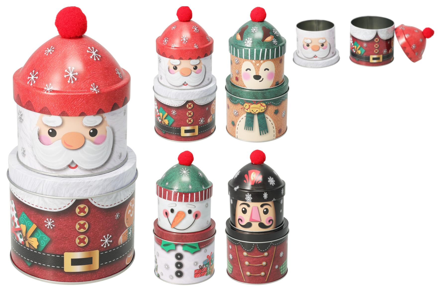 Muddy Hands Red Set Of 4 Festive Christmas Metal Treat Tins Set – Santa, Snowman, Reindeer & Nutcracker – Decorative Holiday Cookie Storage Boxes With Lids – Perfect For Gifts, Cookies, Sweets, Snacks And Chocolate