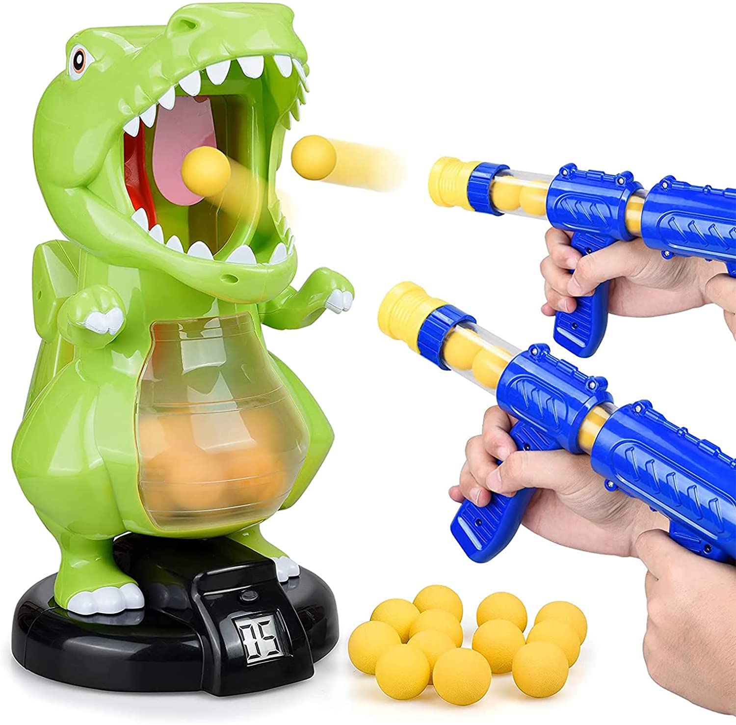 AMERTEER Dinosaur Shooting Game Toy for Kids contain 2 Air Pump Toy Guns with 24 Soft Foam Balls for Over 3 Year Old | Kids Shooting Target Practice Toys with Sound LCD Score Record | Best Gift