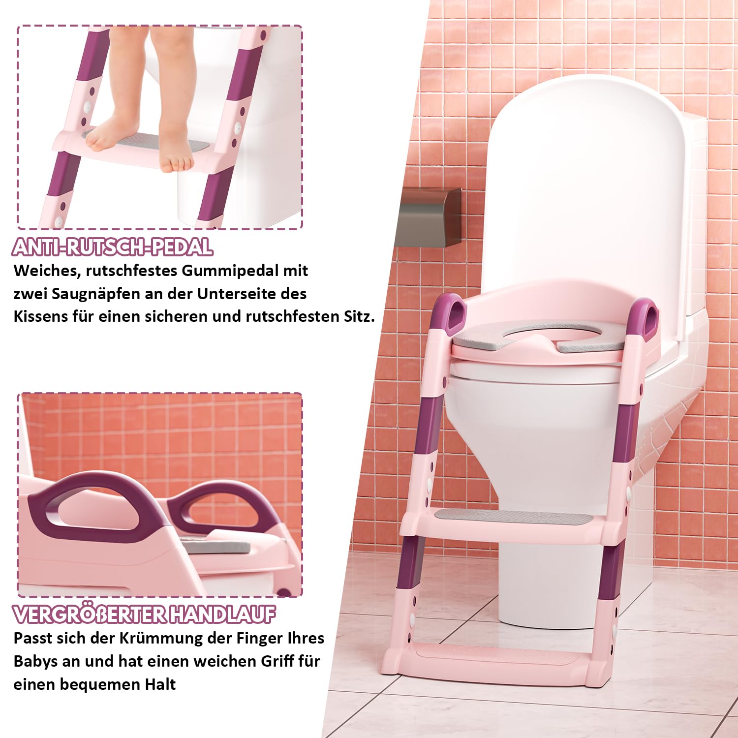 Allenatore per vasino per bambini, Tavoletta Bagno, Seduta Water, pieghevole, regolabile in altezza, con scale antiscivolo e cuscino morbido