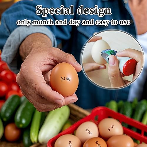 Miniatura 4 de Kit de datador de huevos, 1 sello de fecha (Mes y día), 1 tinta roja resistente a la decoloración, 50 instrucciones de huevos frescos de granja