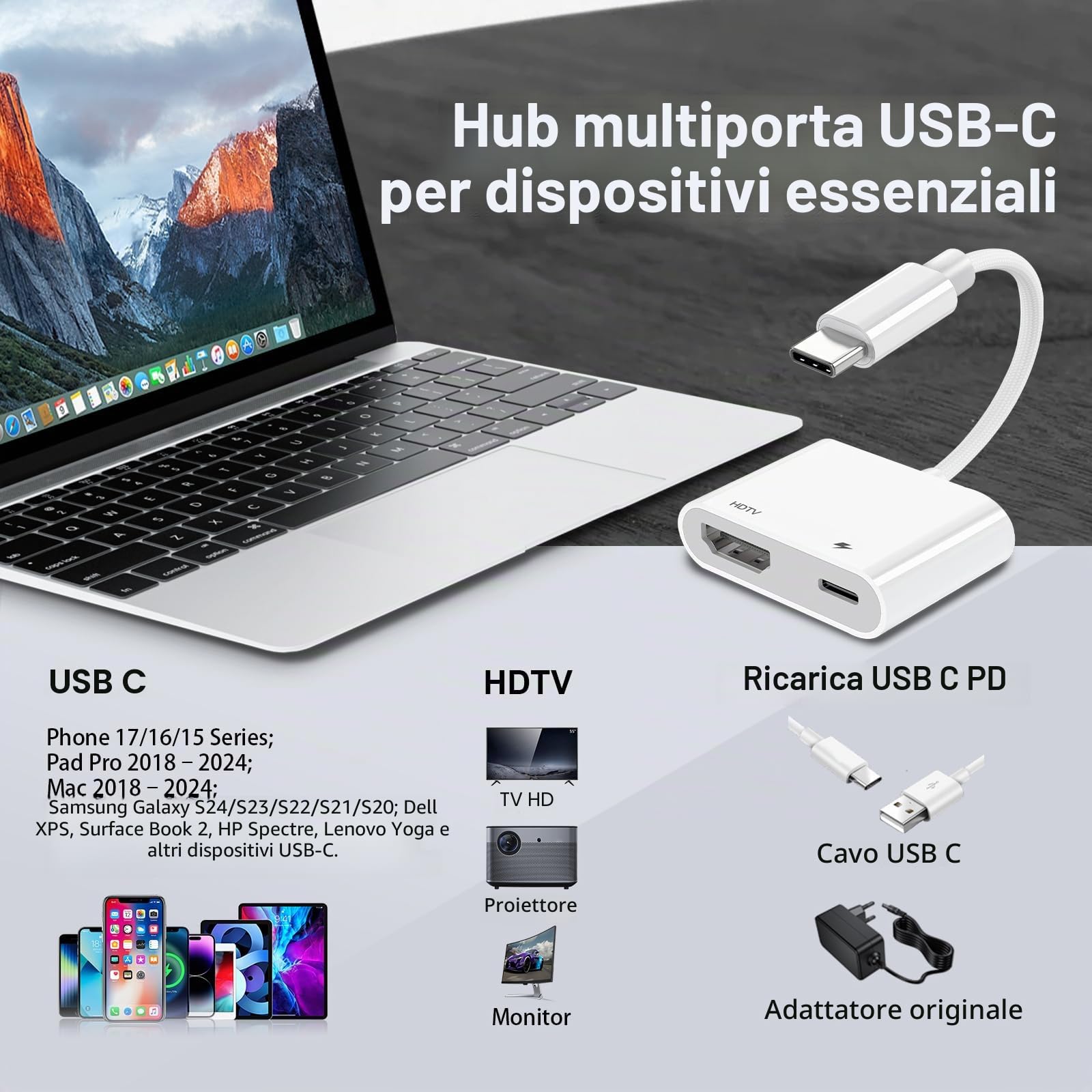 Certificato Apple MFi] USB C per iPhone 17/16/15, MacBook Pro/Air, iPad Pro 2018-2024, adattatore USB C HDMI per TV, monitor, proiettore, 4K@60Hz, Plug & Play