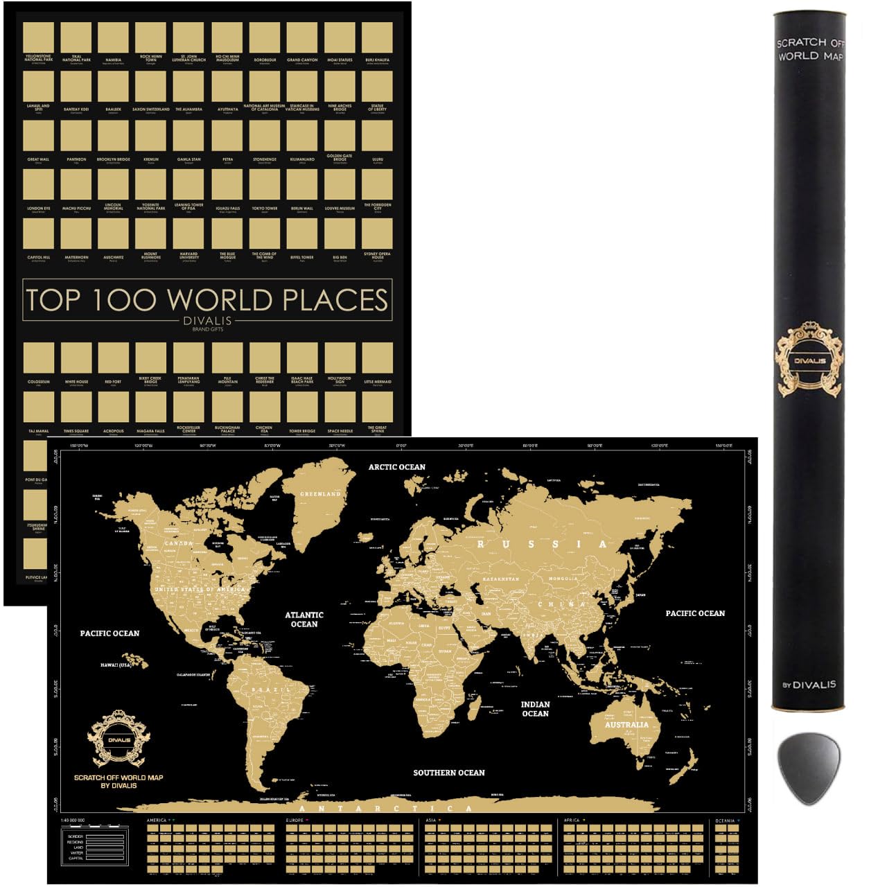 Grande Set de Regalo 2 en 1 - Póster Rascable de los 100 Mejores Lugares Para Visitar y Mapa Mundial Para Rascar - Mejor Mapa de los Lugares Donde he Estado