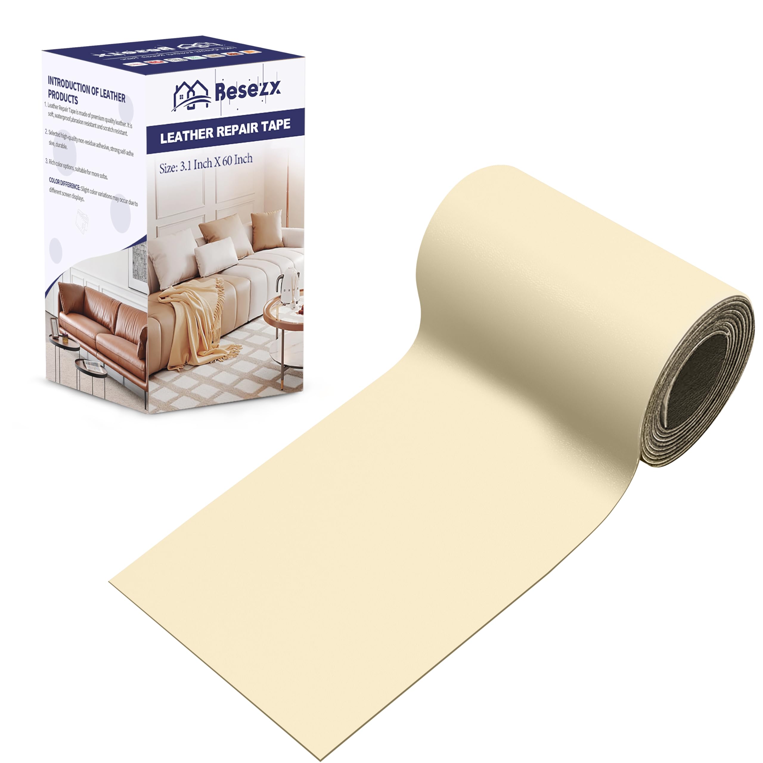 Besezx Leather Repair Patch Tape Kit, Self Adhesive Leather Repair for Furniture, Couch, Sofa, Car Seats,Office Chair,Vinyl Repair Kit.3.1inx60in