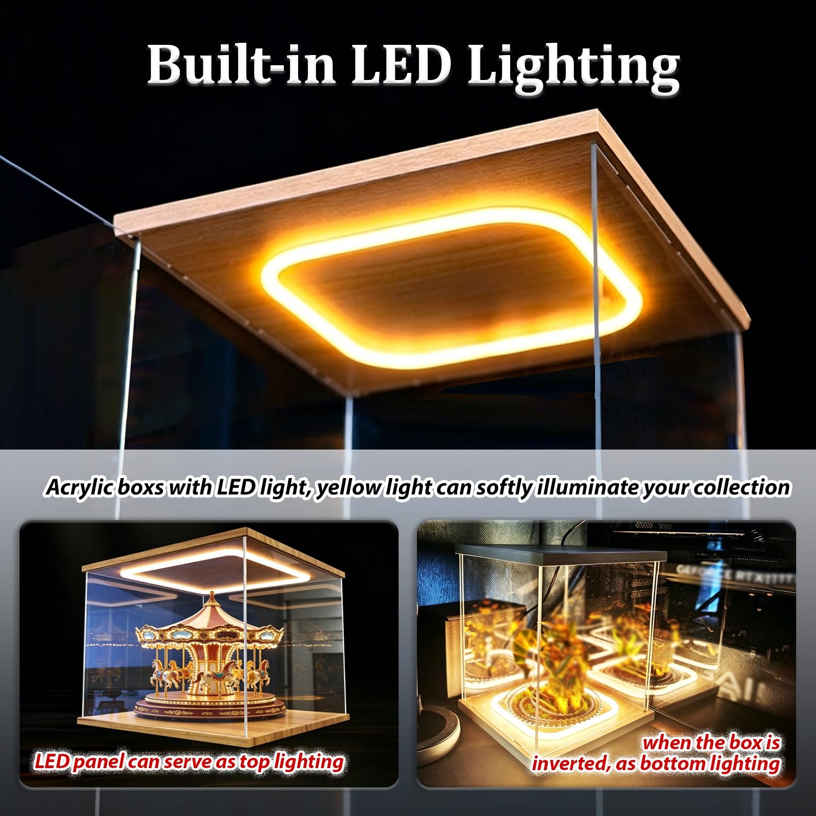 UrbanUp Urna Metacrilato Vitrina Grande de Acrílico con Luz LED, Pie con Varios Modelos y Vitrina de Sobremesa, Caja Expositora Rectangular sin Juntas para Armar Uno(35x60xH40cm/14x24x16)