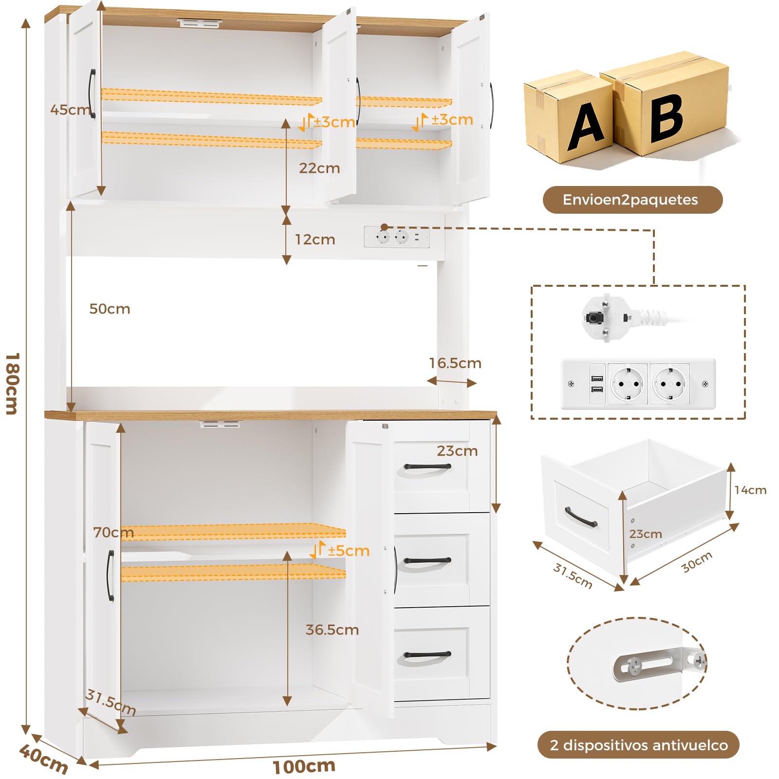 BEWISHOME Alacena de Cocina, Mueble Cocina Auxiliar con LED y Enchufes USB, Armario Cocina Alto con 5 Puertas y 3 Cajones, Estantes Regulables, para Cocina, Comedor o Salón, 100x40x180 cm, Blanco