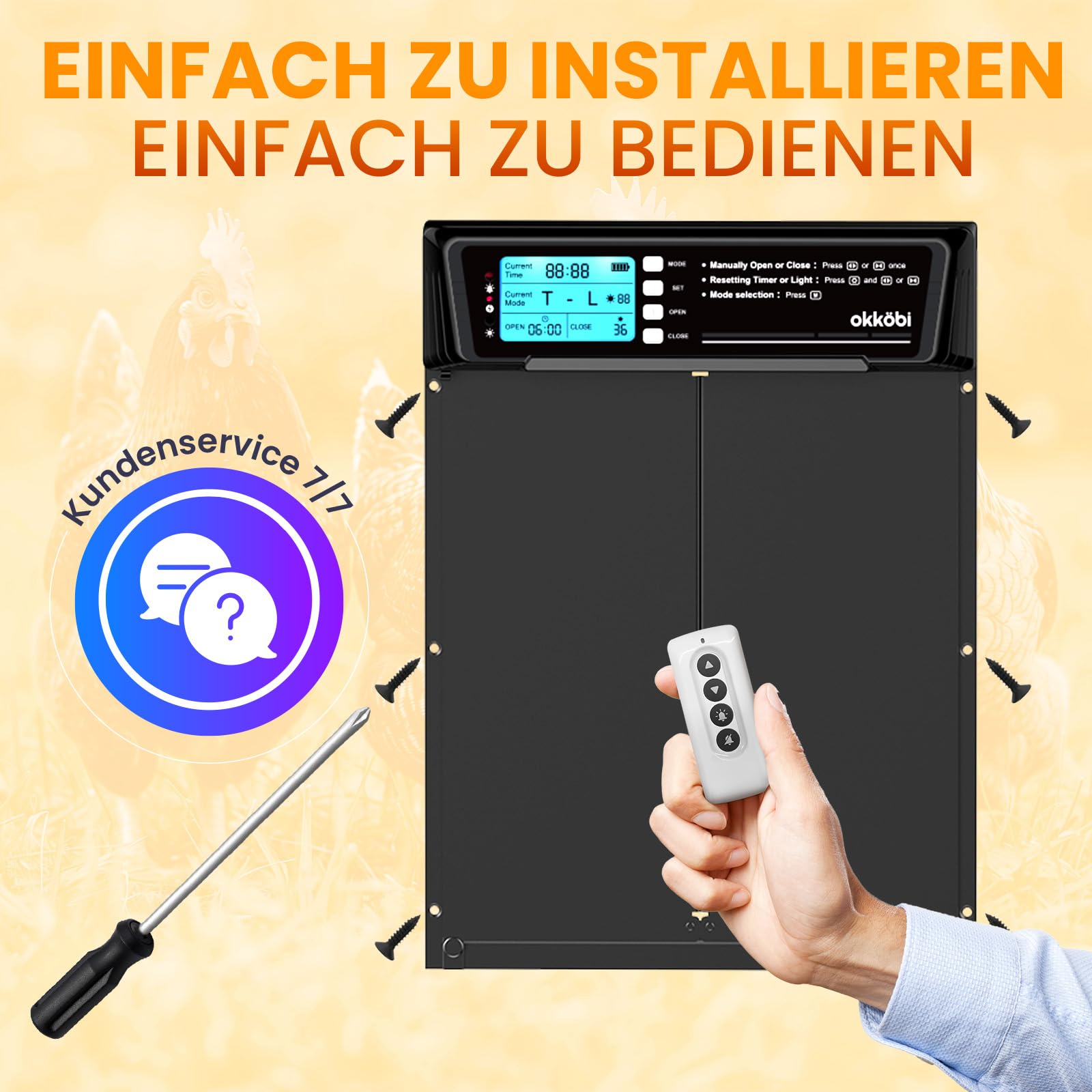 Okkobi Automatische Hühnerklappe Extra Large Solar – LCD Display, Fernbedienung, Lichtsensor, Timer & Einklemmschutz – Öffnung 28,7 x 22,1 cm – 5 Jahre Schutz – Schwarz