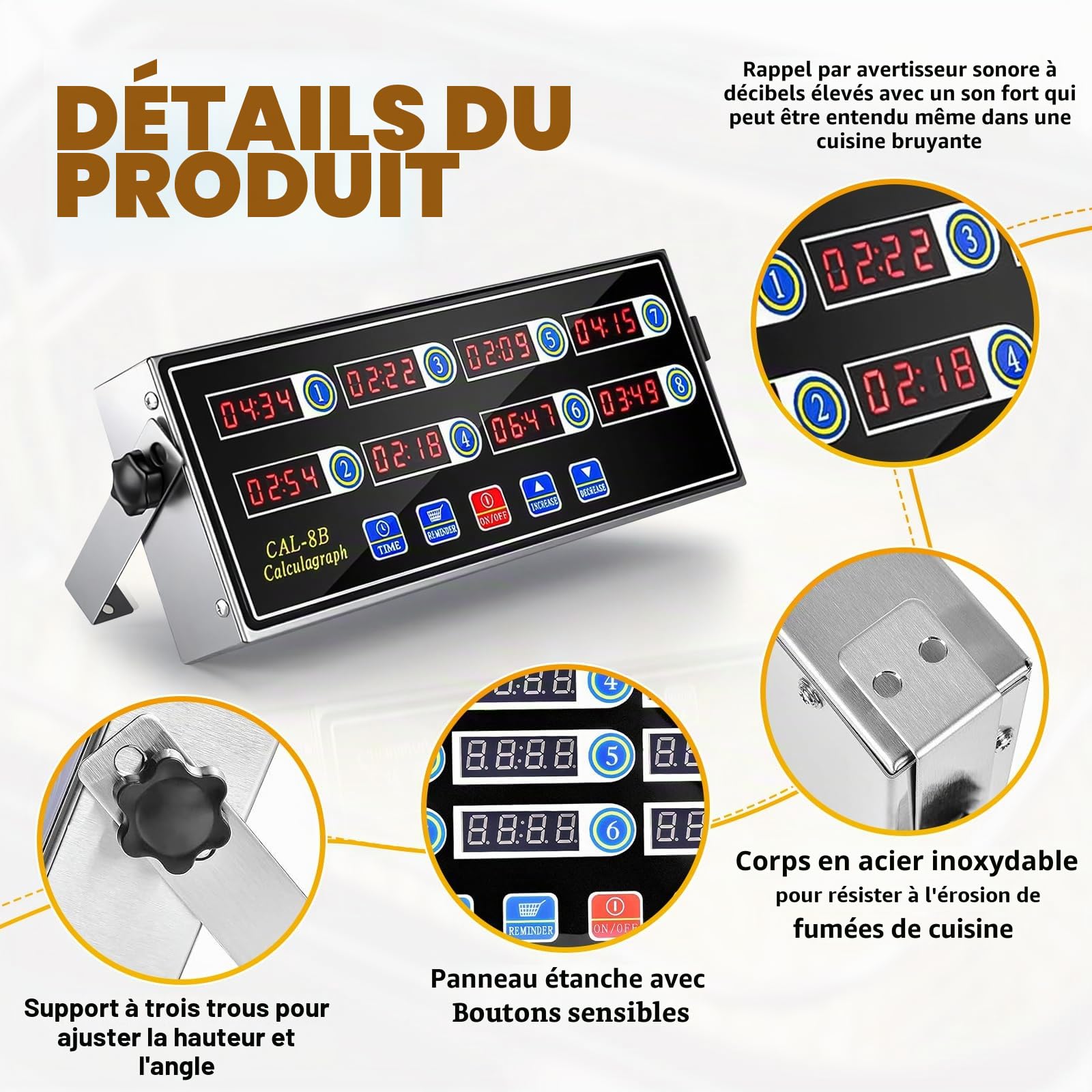 Temporizador de cuisine commercial à 8 canaux, minuteur de cuisine numérique, rappel de friteuse, cuisson, salle à manger, avec sonnerie de volume réglable, acier inoxydable pour restaurant, maison
