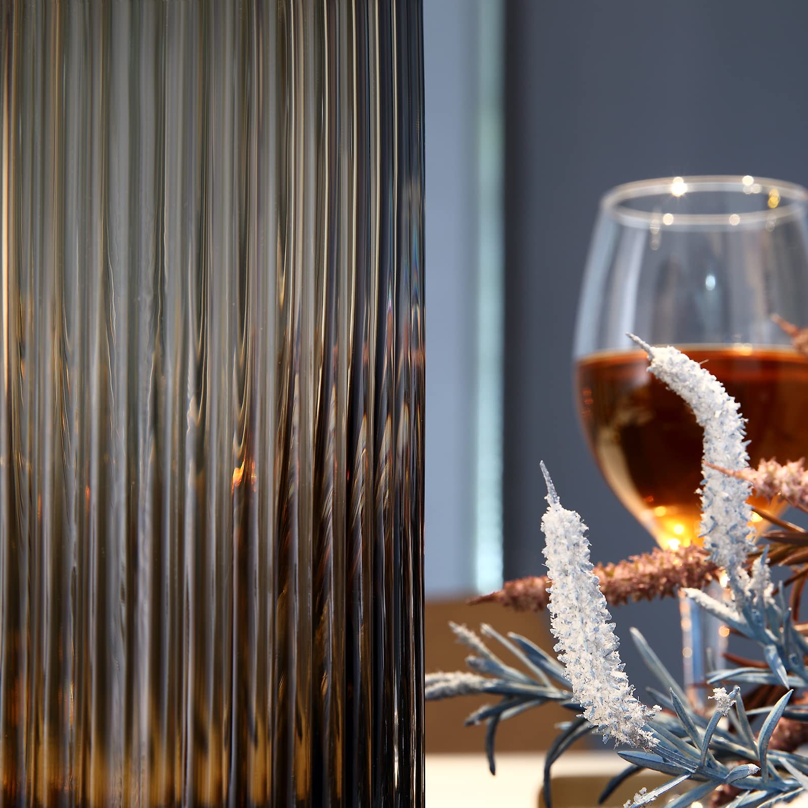 Dinyeo Large Cylinder Ribbed Brown Glass Flower Vase for Farmhouse Dining Table Centerpieces Decor, 9.8" - Image 2