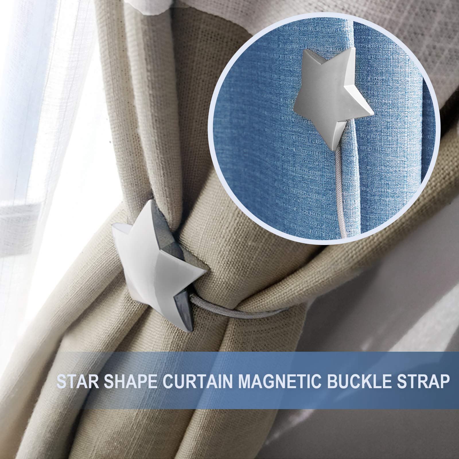OTOTEC Para magnetycznych spinek do zasłon w kształcie gwiazdy do wiązania z tyłu klipsy do zasłon sznurkowe srebrne opaski do zasłon klamry do dekoracji domu biura