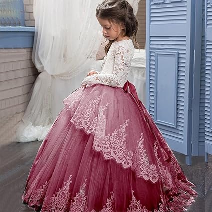 PLWEDDING Kanten jurk met lange mouwen, bloemenmeisjesjurk, prinsessenjurk, tule, jurk voor kinderen, eerste communie, jurken, roze, 6-7 Jaar
