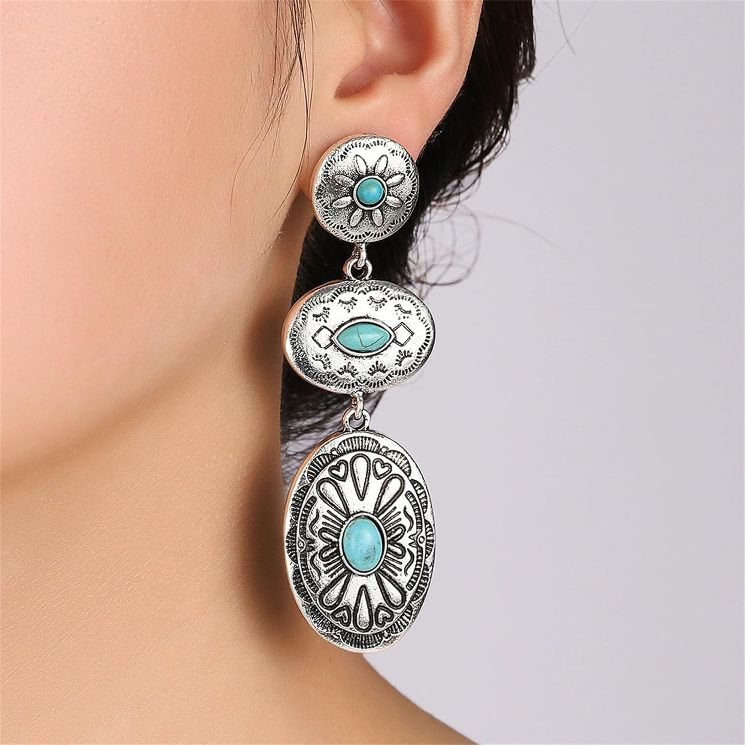 Vintage Western Earrings for Women,Bohemian Turquoise Oval Dangle Drop Earrings Country Concert Outfit Accessories Jewelry - Image 2